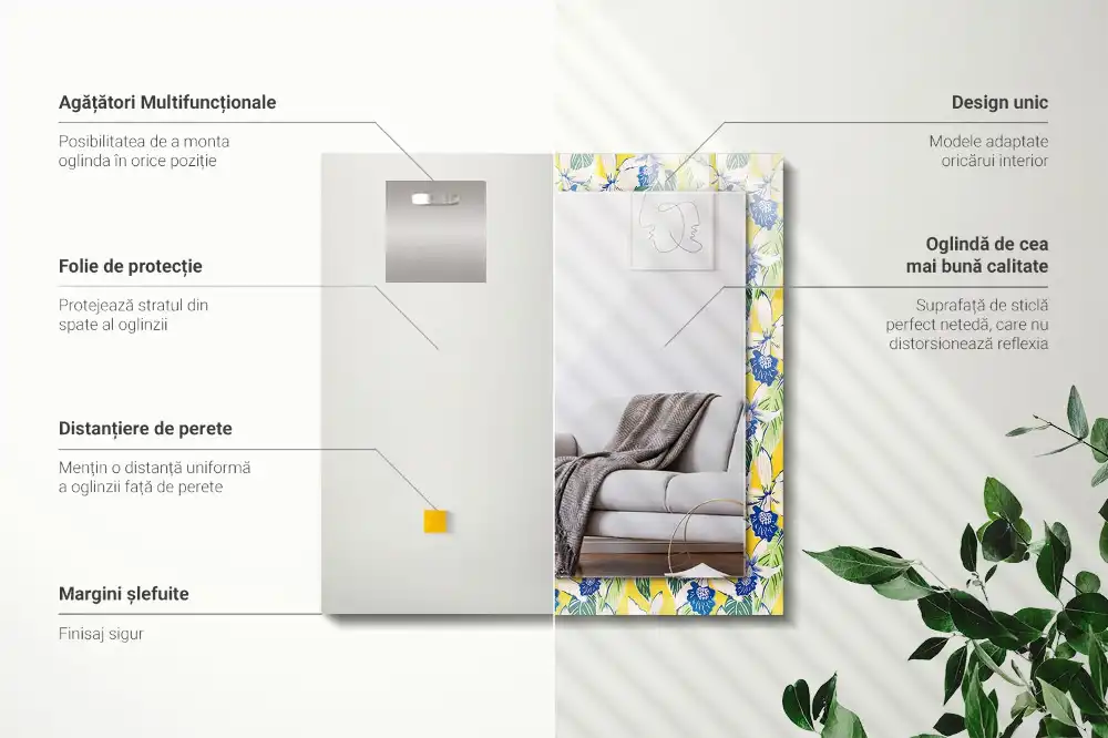 Tiskano pravokotne ogledalo Rože in listi