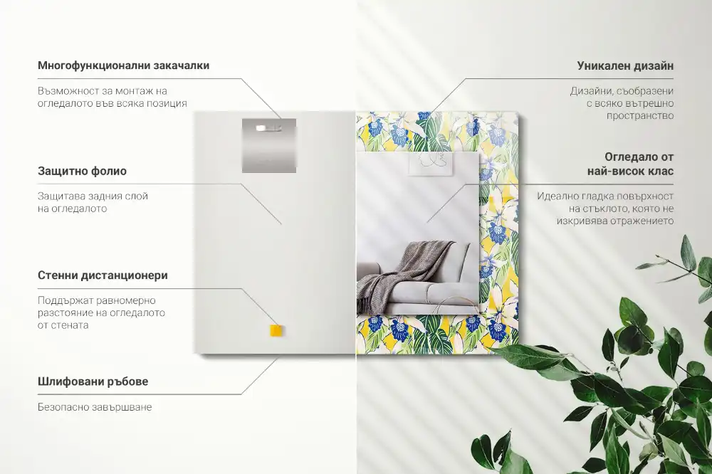 Tiskano pravokotne ogledalo Rože in listi