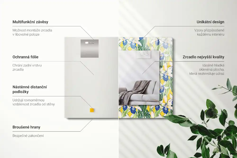 Tiskano pravokotne ogledalo Rože in listi