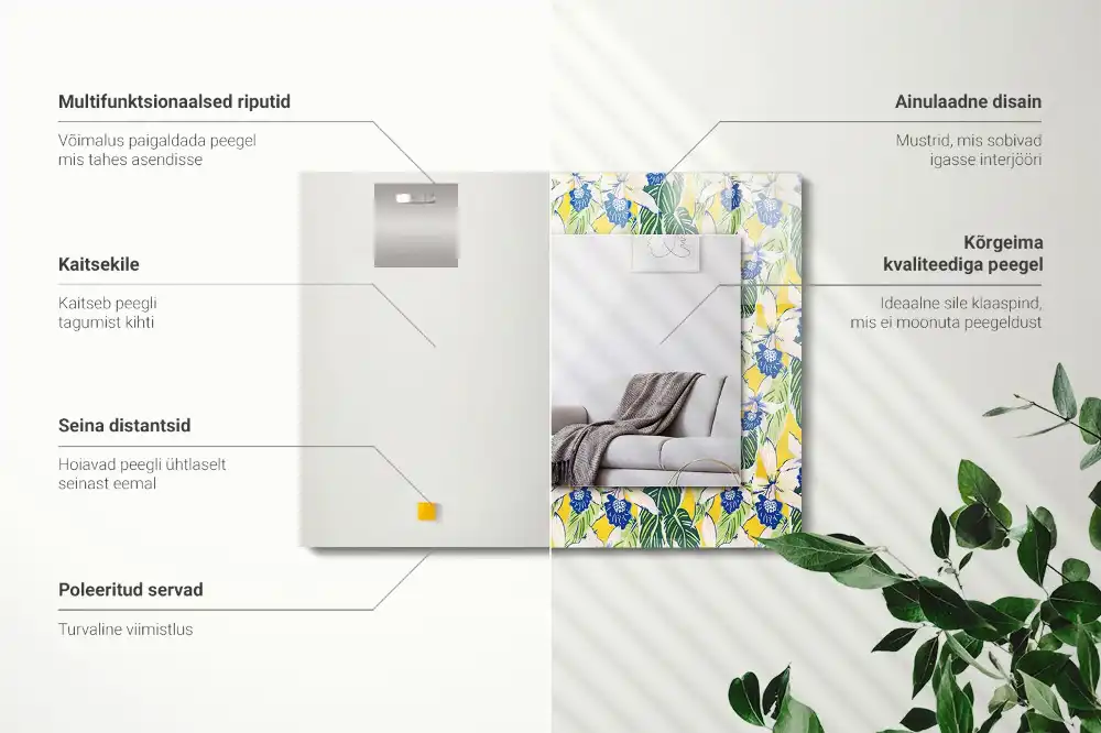 Tiskano pravokotne ogledalo Rože in listi