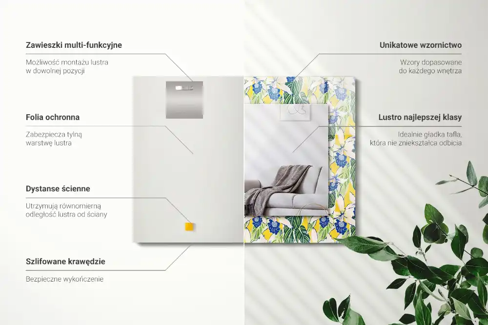 Tiskano pravokotne ogledalo Rože in listi