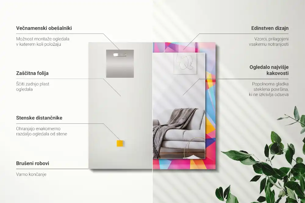 Pravokotne ogledalo s potiskanim okvirjem Barviti geometrijski vzorci
