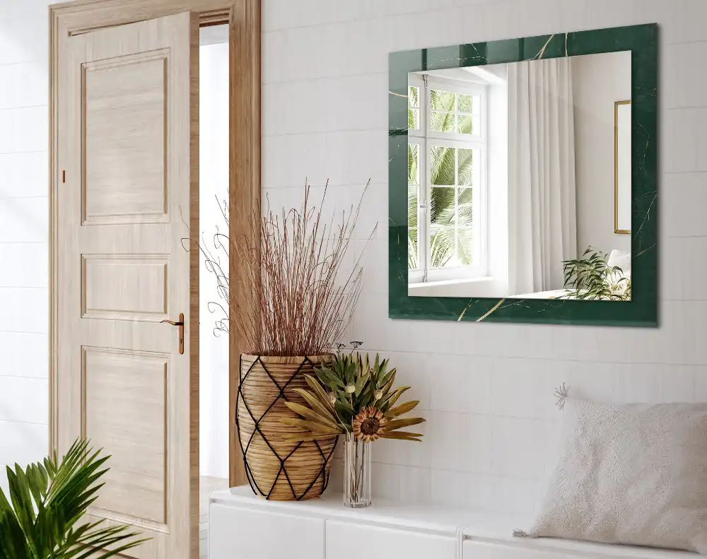 Pravokotne ogledalo s potiskanim okvirjem Zeleni listi zlata