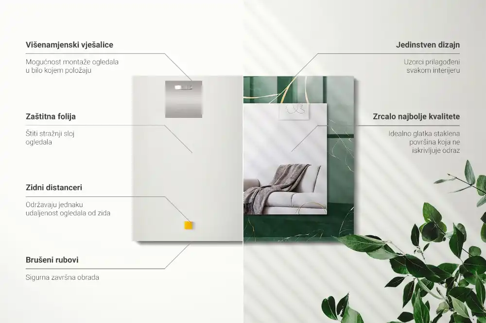 Pravokotne ogledalo s potiskanim okvirjem Zeleni listi zlata