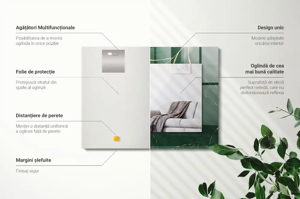 Pravokotne ogledalo s potiskanim okvirjem Zeleni listi zlata