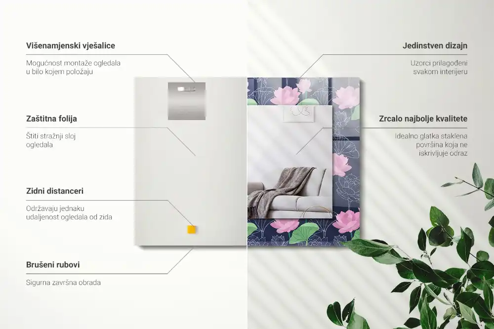 Pravokotne ogledalo s potiskanim okvirjem Rožnati lotosovi cvetovi