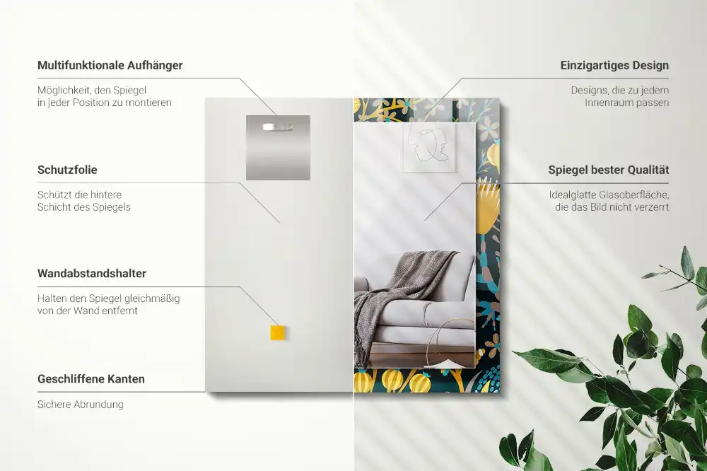 Pravokotne ogledalo s potiskanim okvirjem Vzorci cvetja in listov