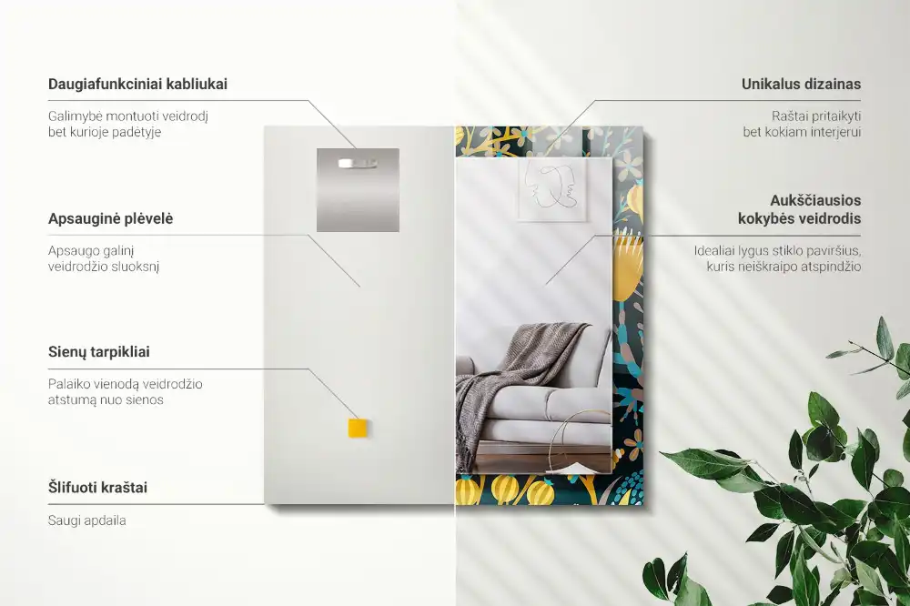 Pravokotne ogledalo s potiskanim okvirjem Vzorci cvetja in listov