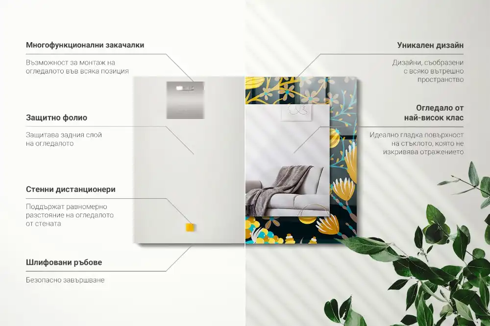 Pravokotne ogledalo s potiskanim okvirjem Vzorci cvetja in listov