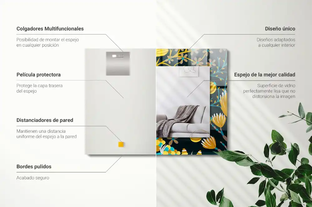 Pravokotne ogledalo s potiskanim okvirjem Vzorci cvetja in listov