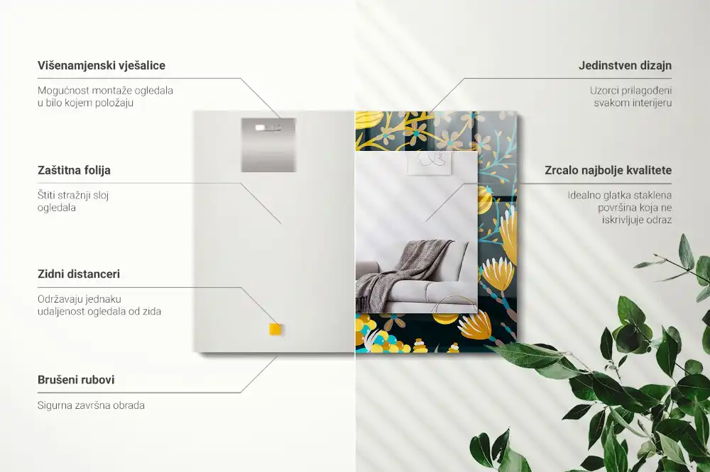 Pravokotne ogledalo s potiskanim okvirjem Vzorci cvetja in listov