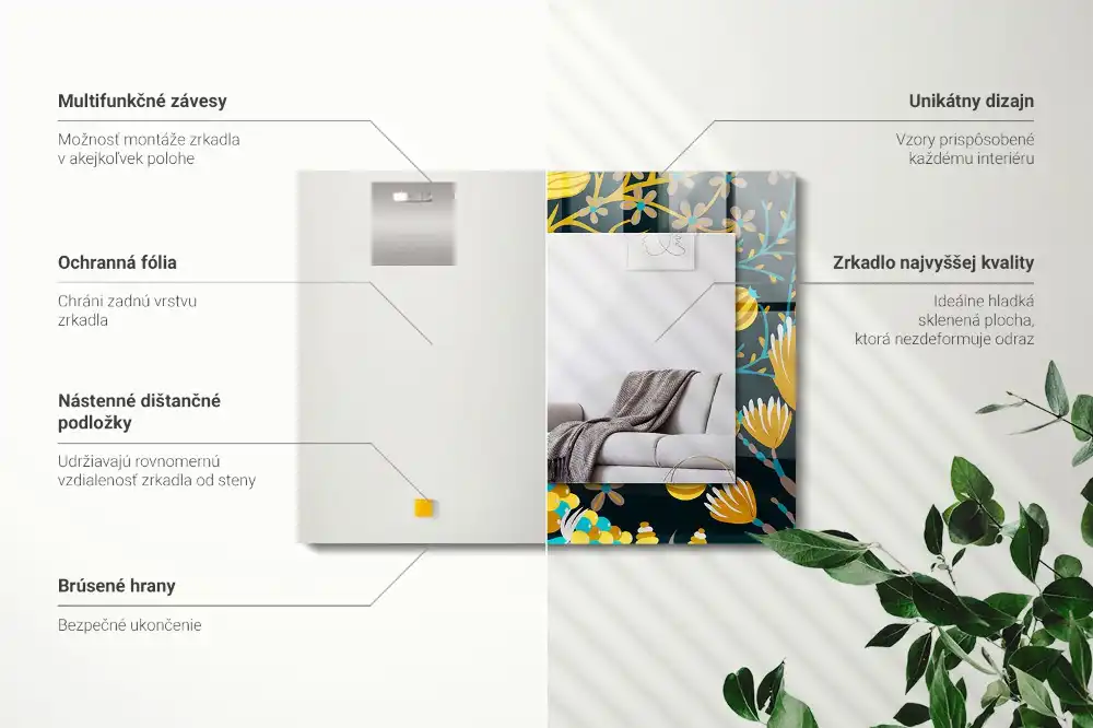 Pravokotne ogledalo s potiskanim okvirjem Vzorci cvetja in listov