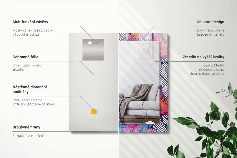 Tiskano pravokotne ogledalo Barviti tropski listi