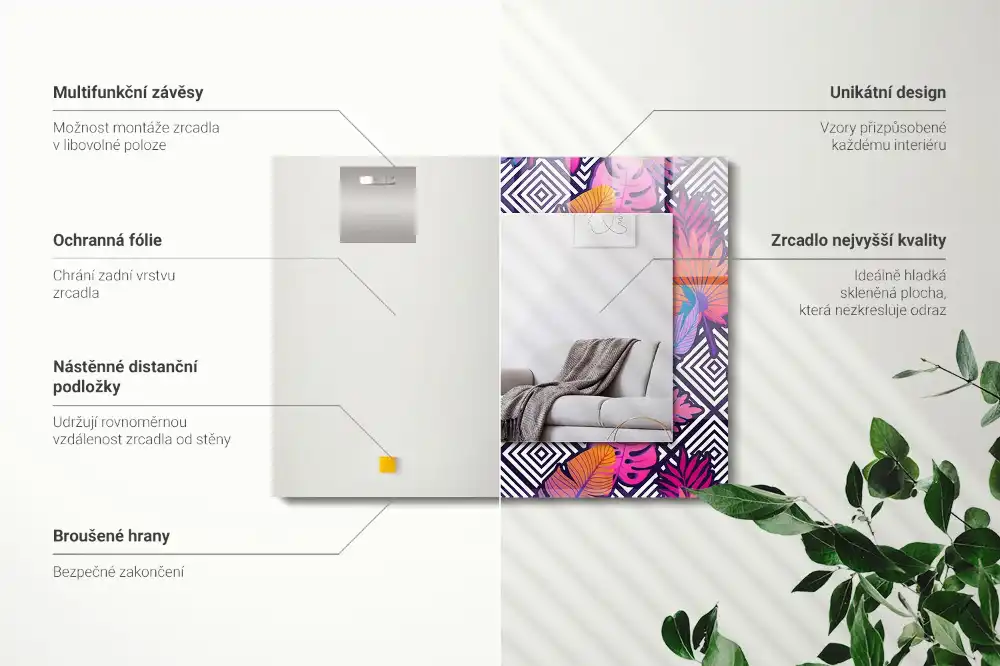 Tiskano pravokotne ogledalo Barviti tropski listi