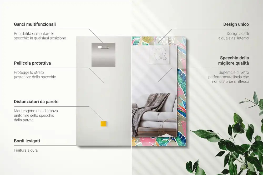 Pravokotne okrasno ogledalo Rože in listi