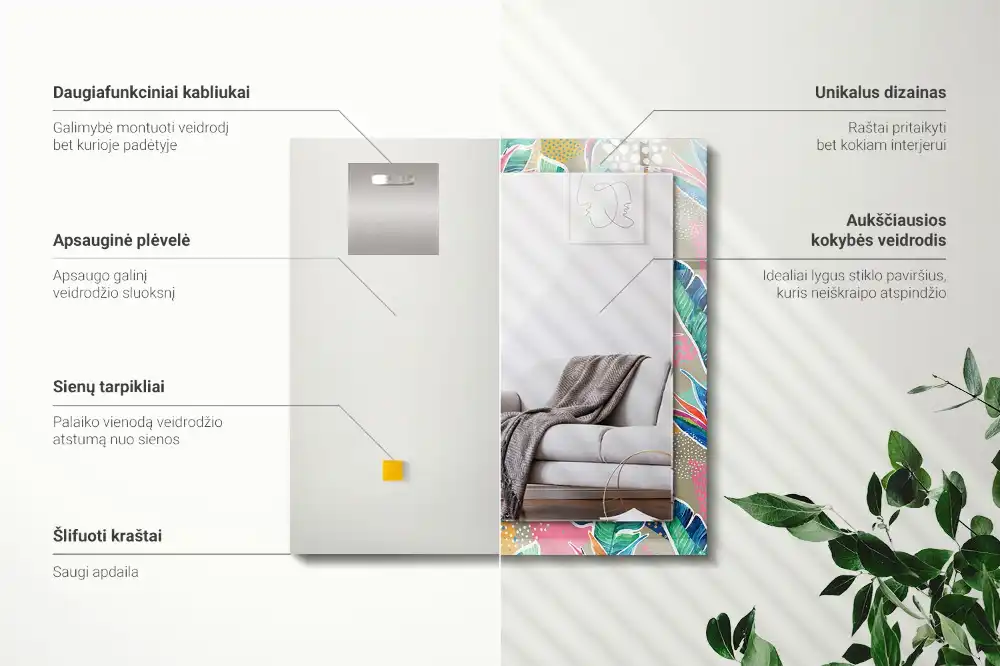 Pravokotne okrasno ogledalo Rože in listi