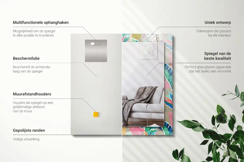 Pravokotne okrasno ogledalo Rože in listi