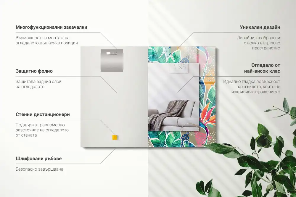 Pravokotne okrasno ogledalo Rože in listi