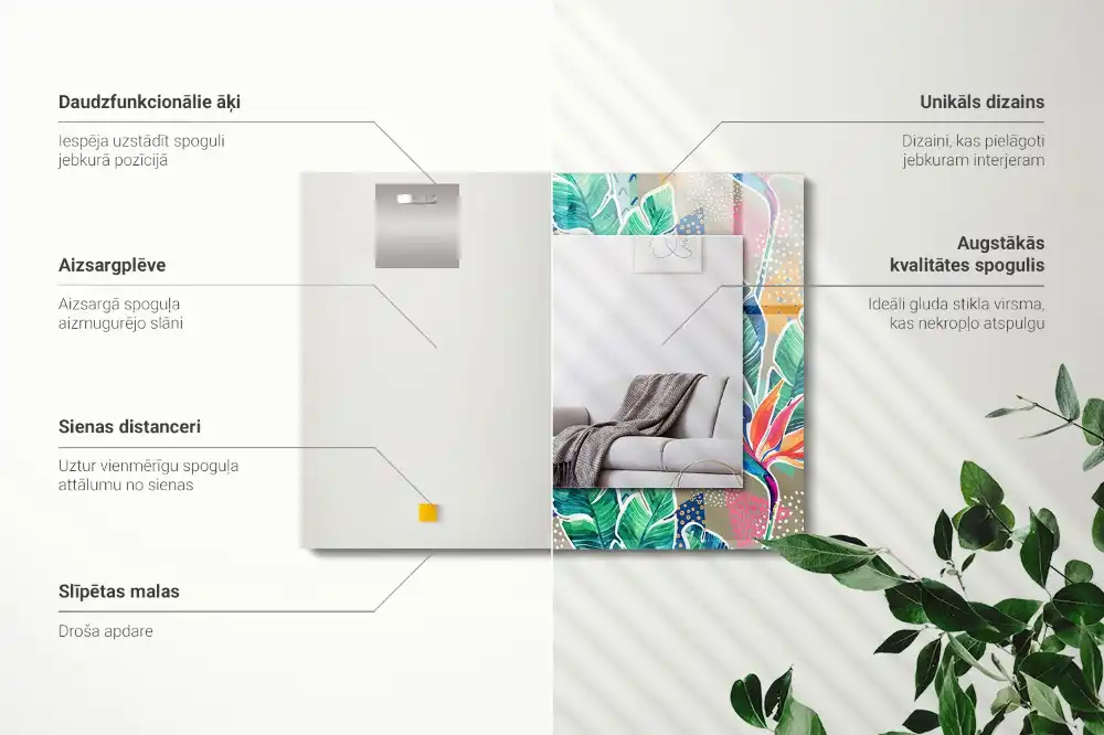 Pravokotne okrasno ogledalo Rože in listi