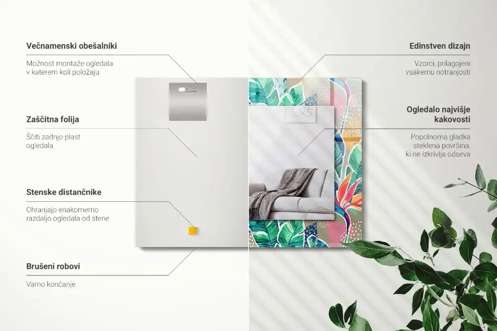 Pravokotne okrasno ogledalo Rože in listi