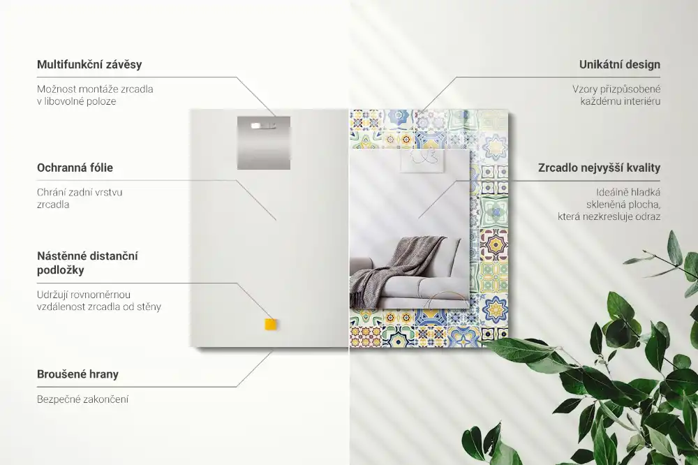 Pravokotne ogledalo s potiskanim okvirjem Barviti vzorci ploščic