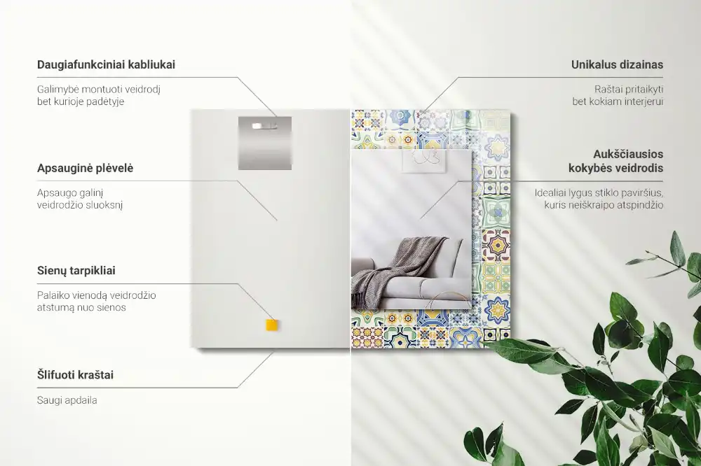 Pravokotne ogledalo s potiskanim okvirjem Barviti vzorci ploščic