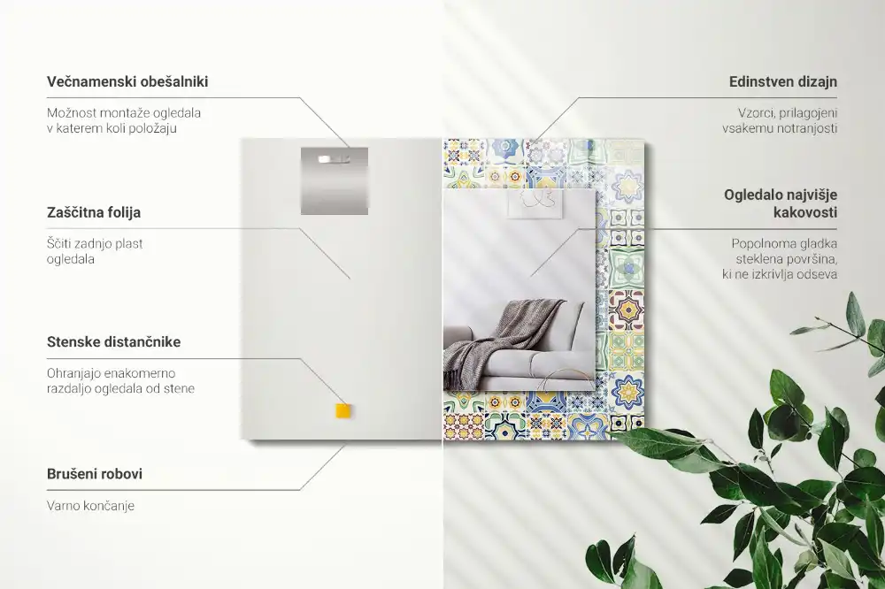 Pravokotne ogledalo s potiskanim okvirjem Barviti vzorci ploščic