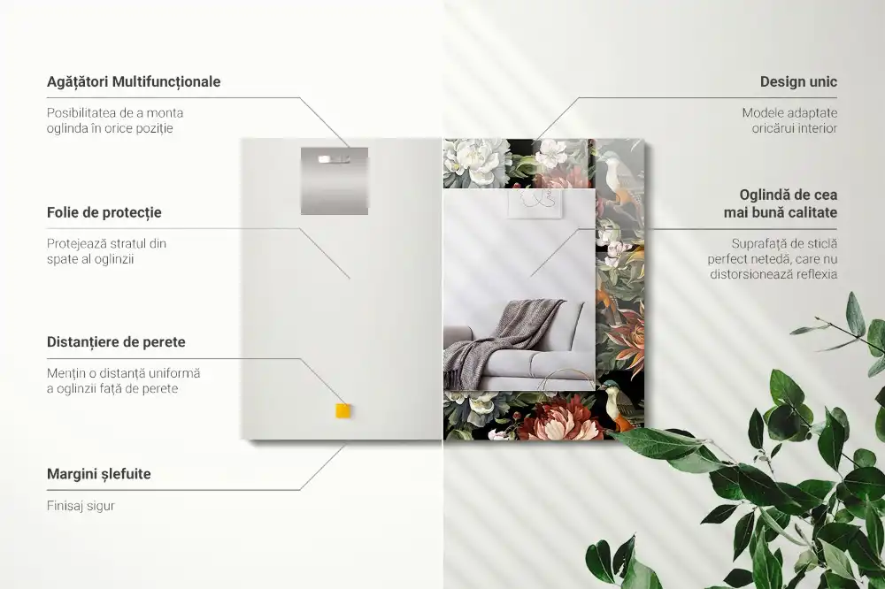 Tiskano pravokotne ogledalo Rože in ptice