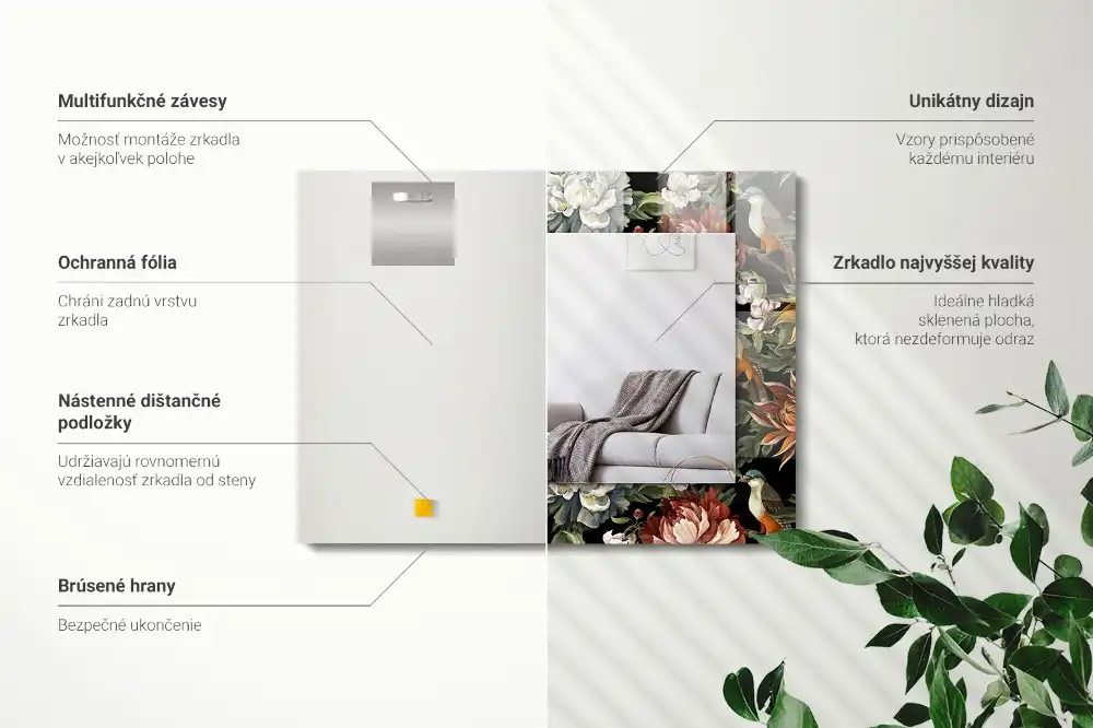 Tiskano pravokotne ogledalo Rože in ptice