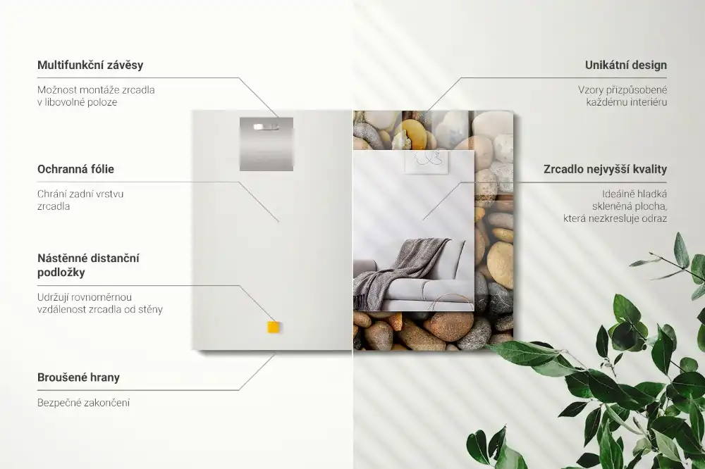 Pravokotne ogledalo s potiskanim okvirjem Barviti gladki kamni