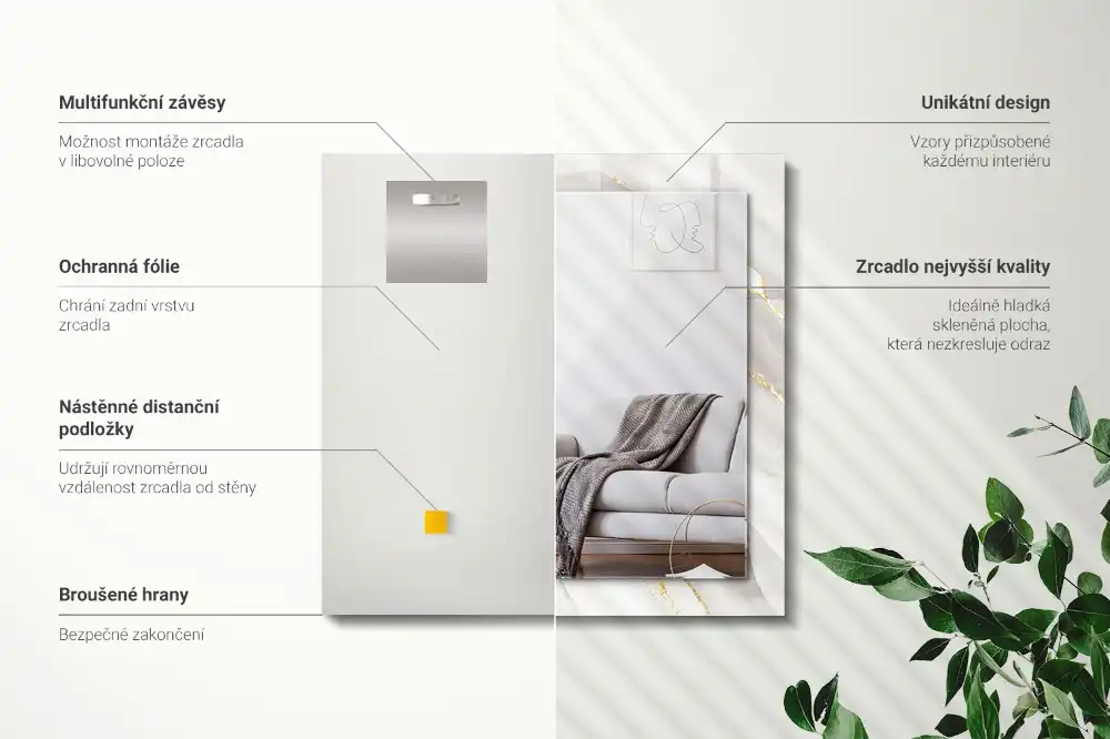 Pravokotne ogledalo s potiskanim okvirjem Sivi marmor