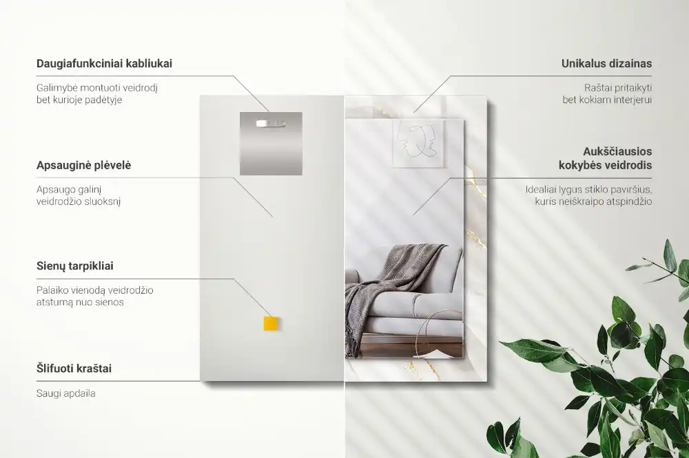 Pravokotne ogledalo s potiskanim okvirjem Sivi marmor