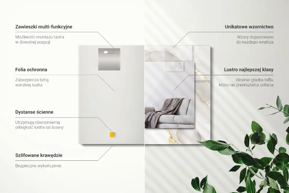 Pravokotne ogledalo s potiskanim okvirjem Sivi marmor