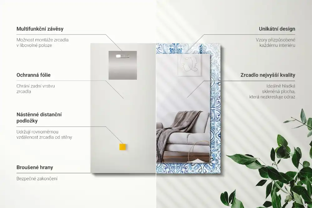 Tiskano pravokotne ogledalo Modre dekorativne ploščice