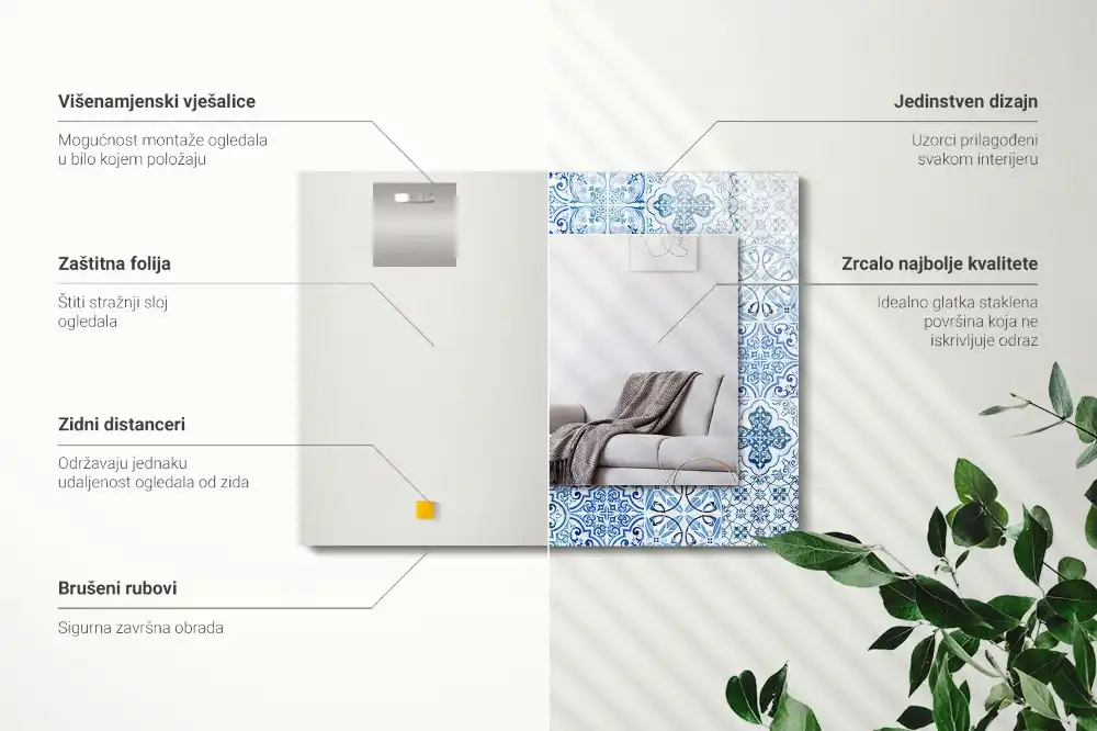 Tiskano pravokotne ogledalo Modre dekorativne ploščice