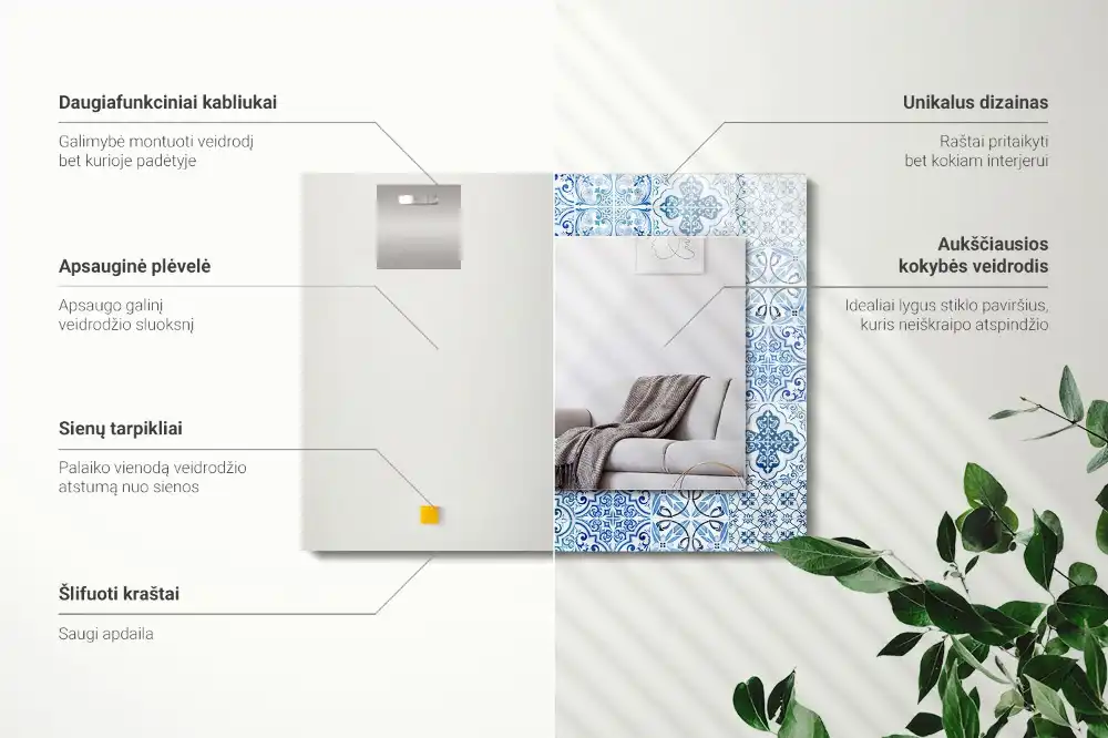 Tiskano pravokotne ogledalo Modre dekorativne ploščice