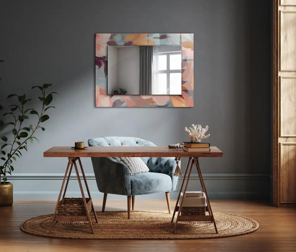 Pravokotne ogledalo s potiskanim okvirjem Pastelne rože in listi