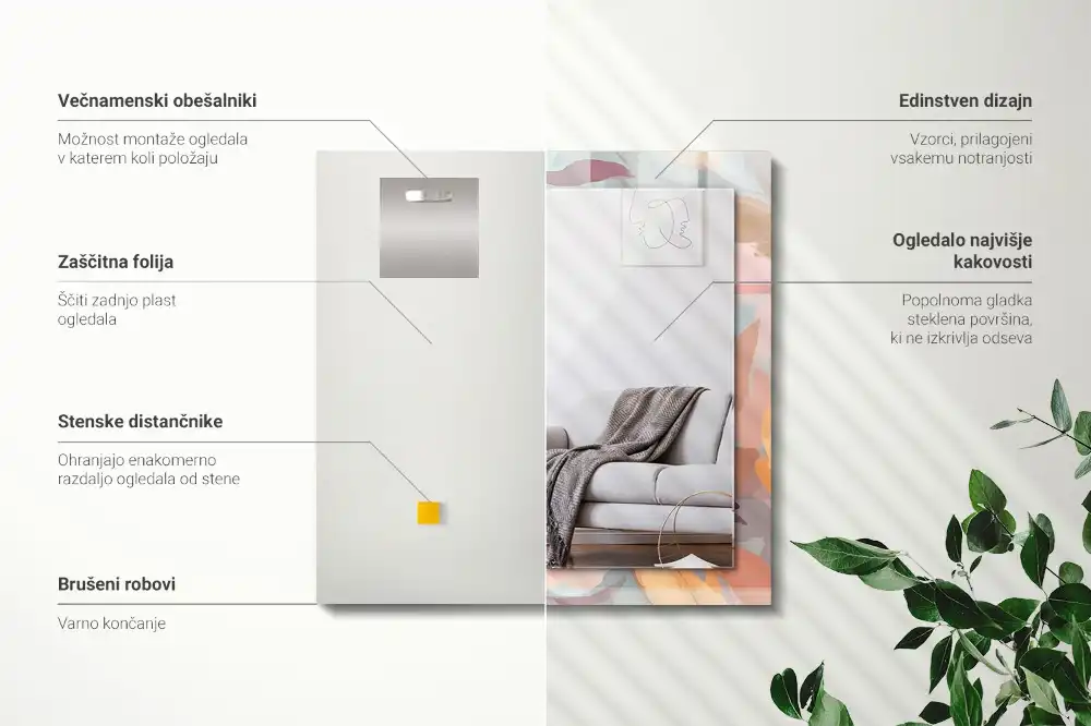 Pravokotne ogledalo s potiskanim okvirjem Pastelne rože in listi