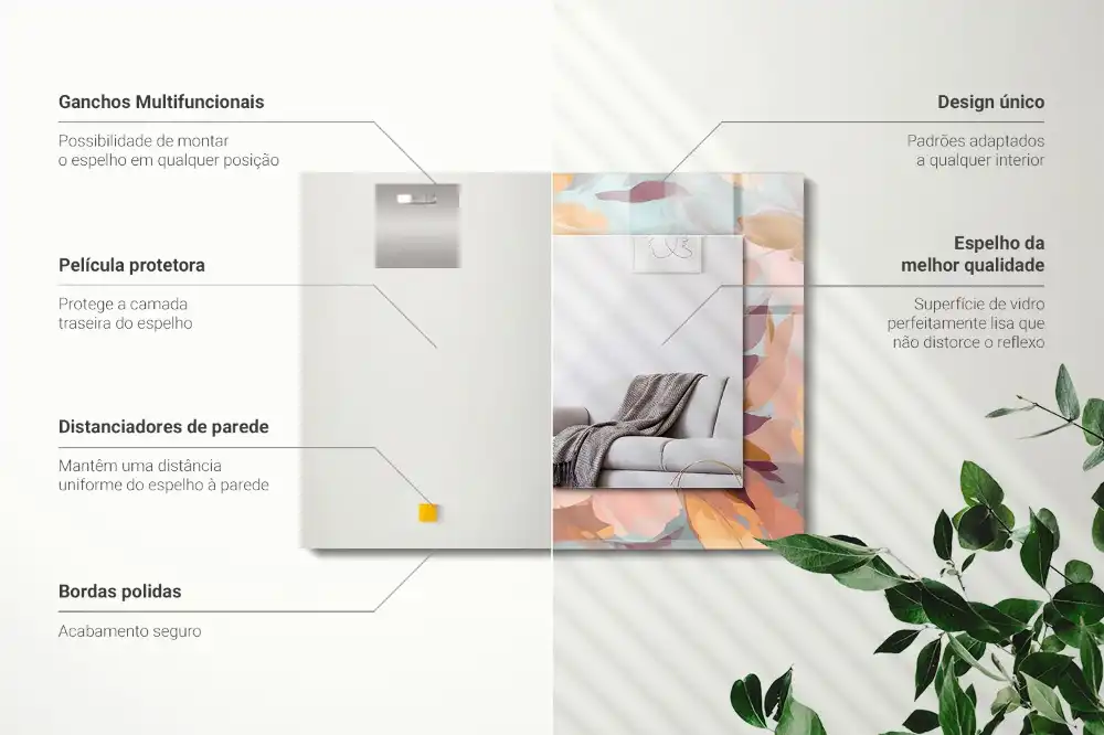 Pravokotne ogledalo s potiskanim okvirjem Pastelne rože in listi