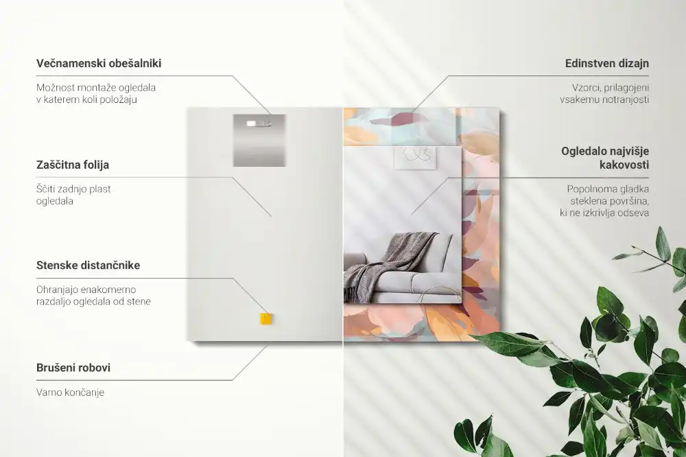 Pravokotne ogledalo s potiskanim okvirjem Pastelne rože in listi