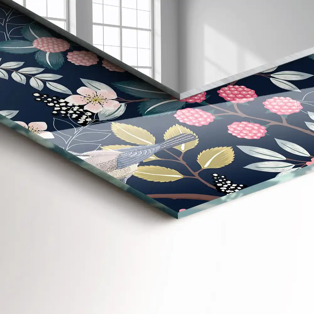 Pravokotne ogledalo s potiskanim okvirjem Rože, listi, ptice