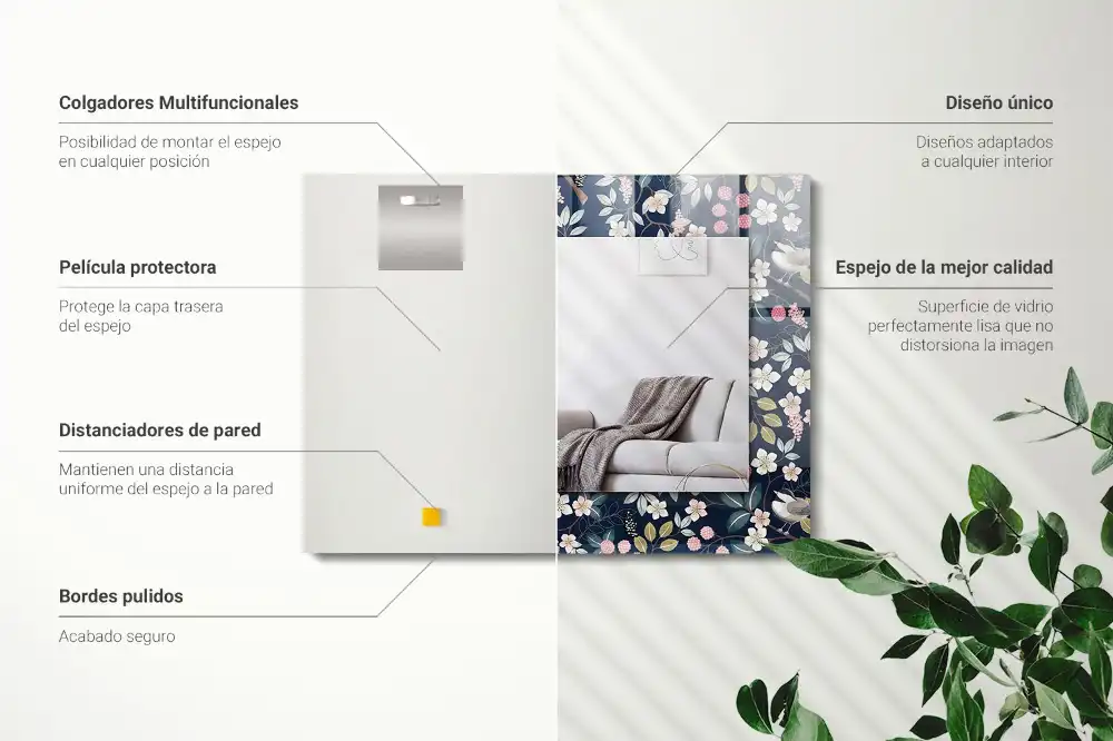 Pravokotne ogledalo s potiskanim okvirjem Rože, listi, ptice