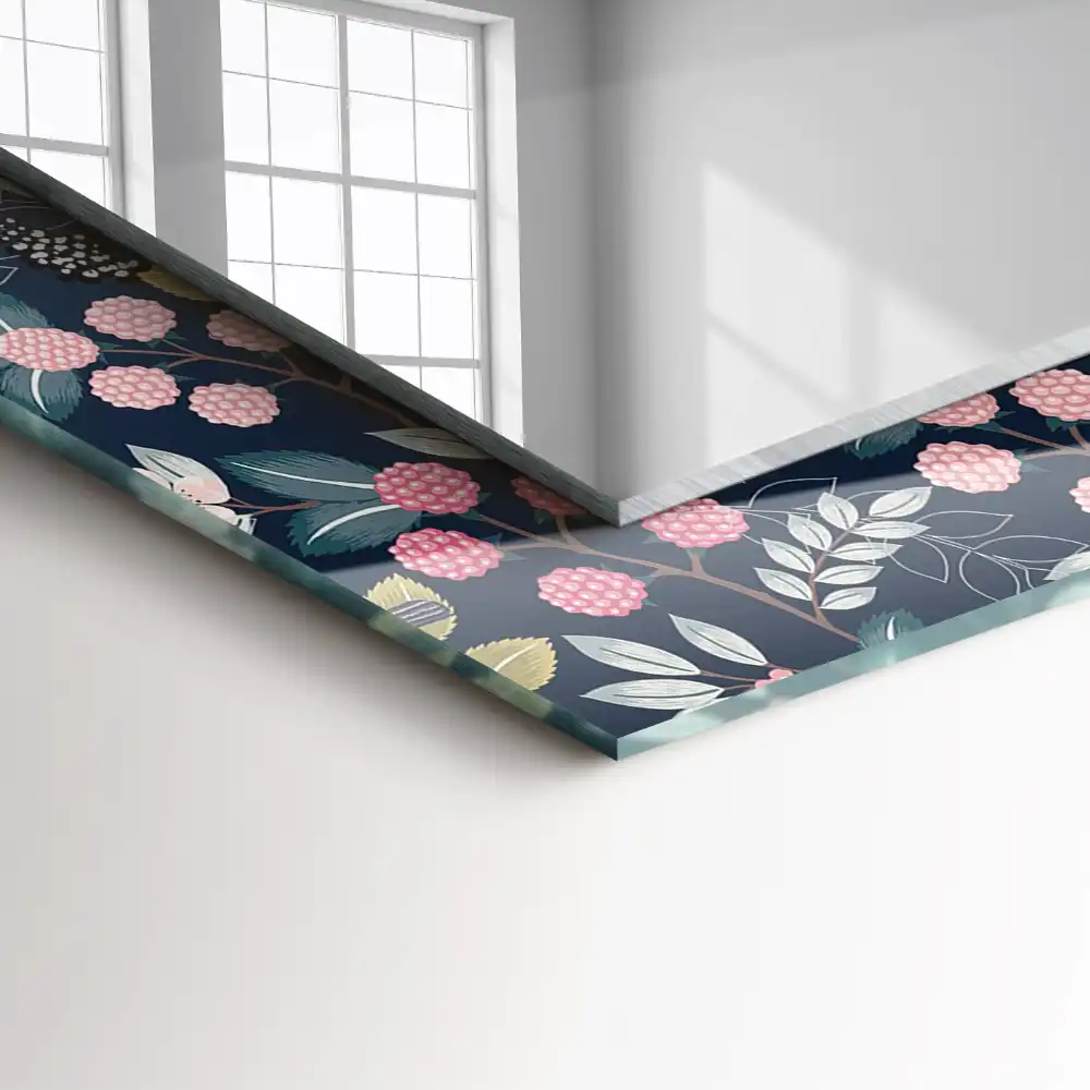 Pravokotne ogledalo s potiskanim okvirjem Rože, listi, ptice