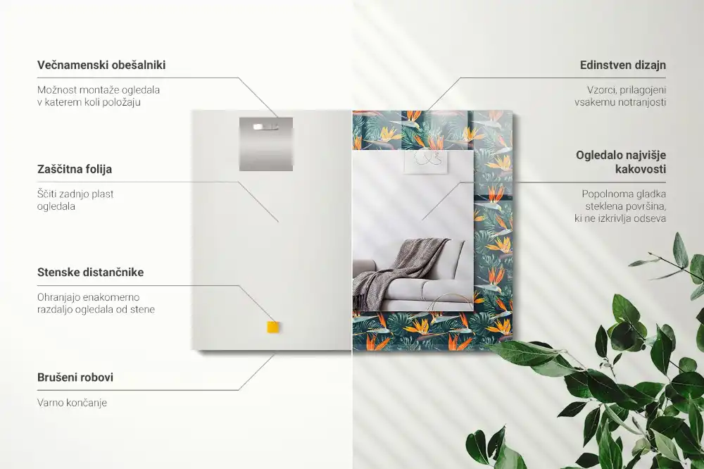 Pravokotne okrasno ogledalo Rože in listi