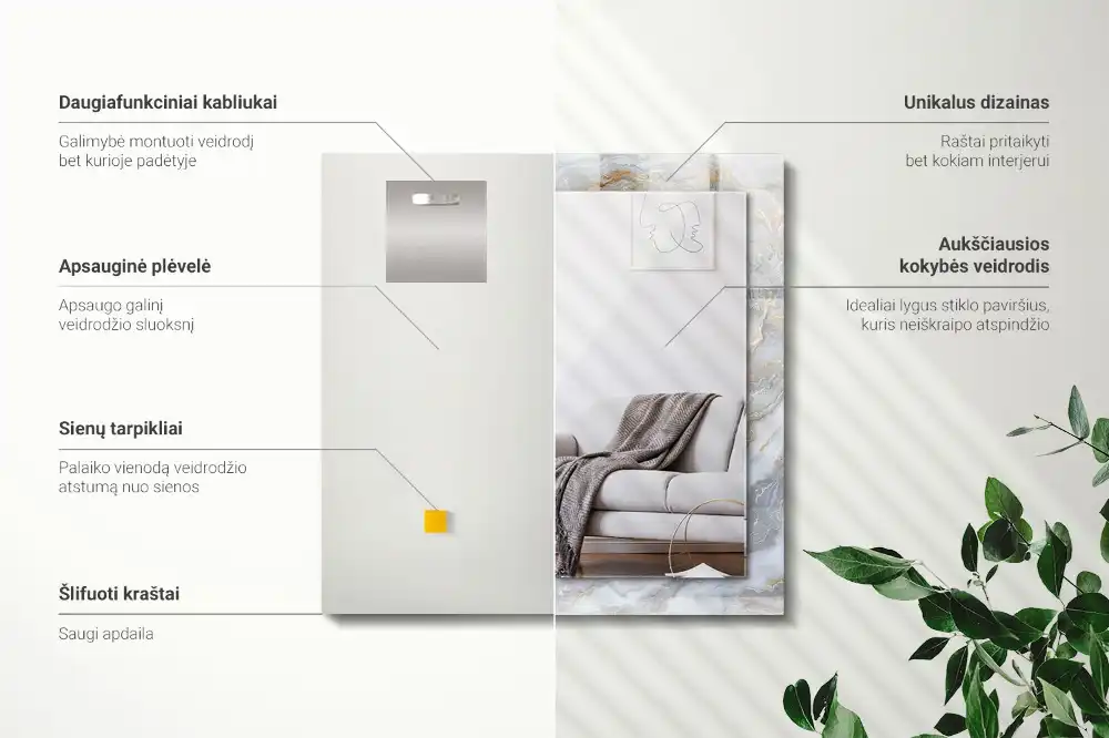 Pravokotne ogledalo s potiskanim okvirjem Tekstura marmornega vzorca