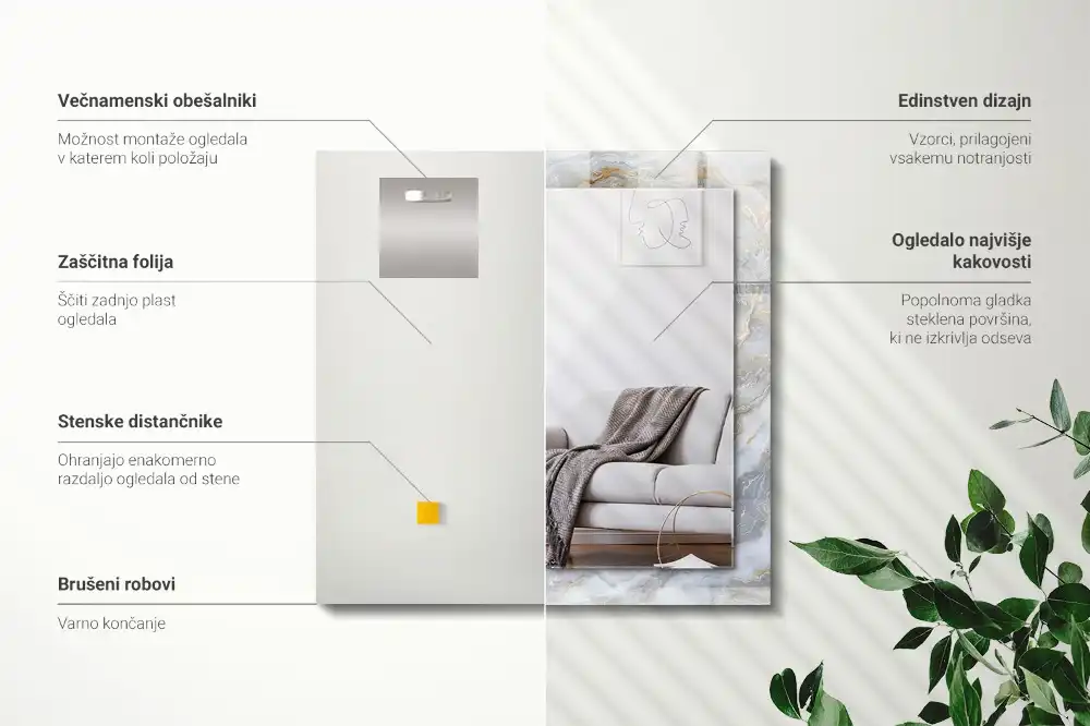 Pravokotne ogledalo s potiskanim okvirjem Tekstura marmornega vzorca