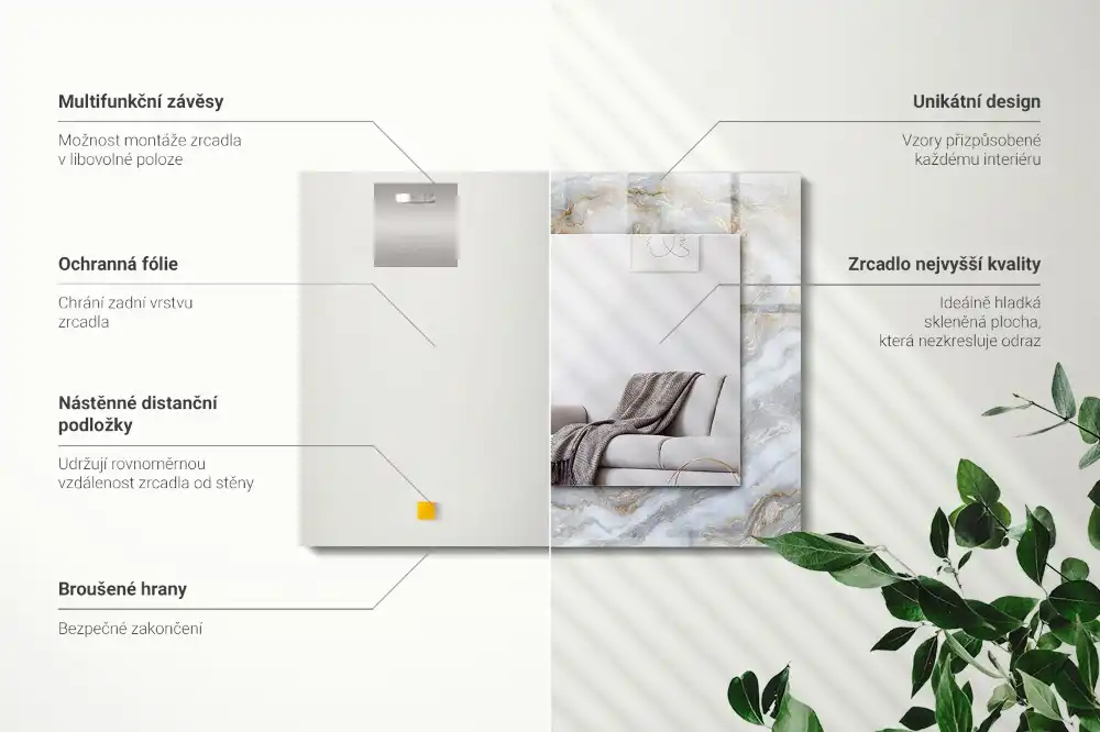 Pravokotne ogledalo s potiskanim okvirjem Tekstura marmornega vzorca