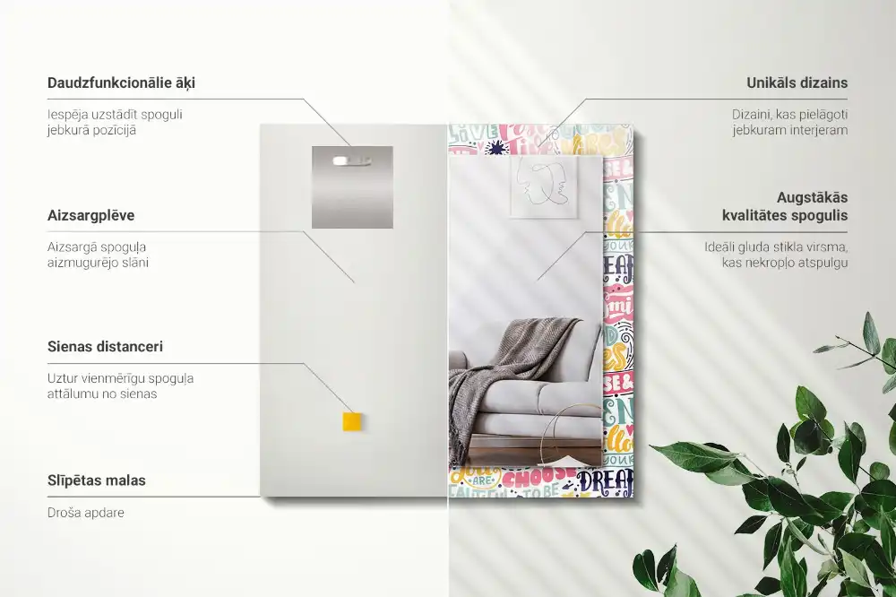 Pravokotne ogledalo s potiskanim okvirjem Barviti motivacijski napisi