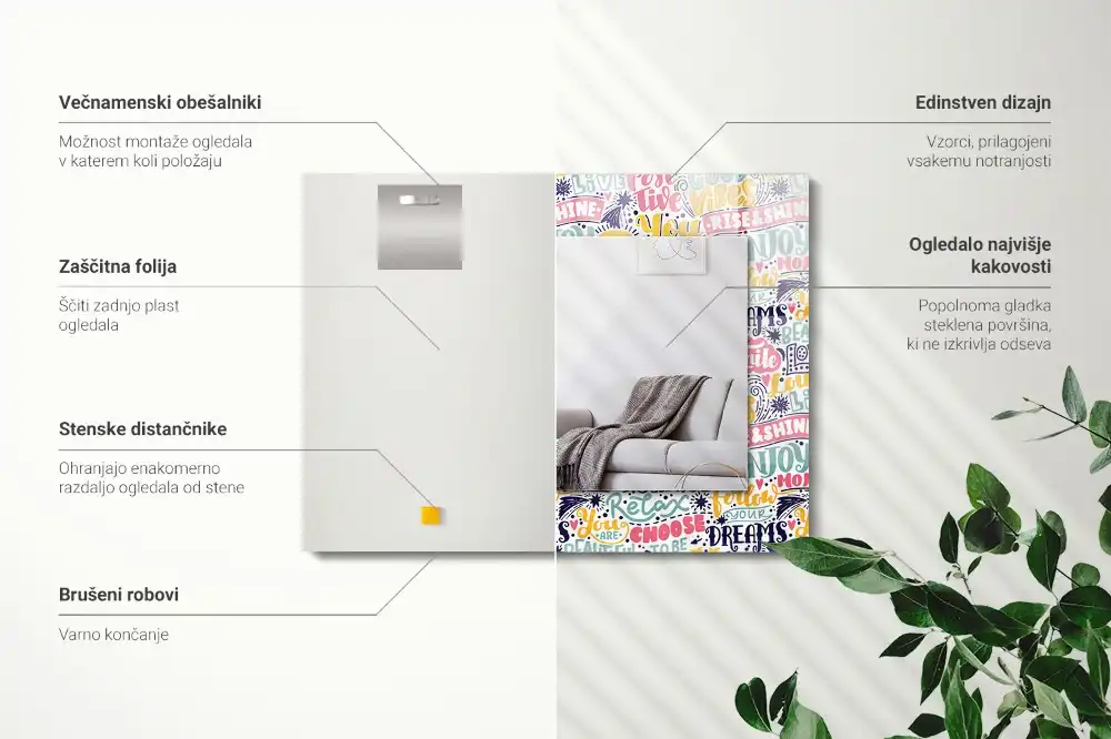 Pravokotne ogledalo s potiskanim okvirjem Barviti motivacijski napisi