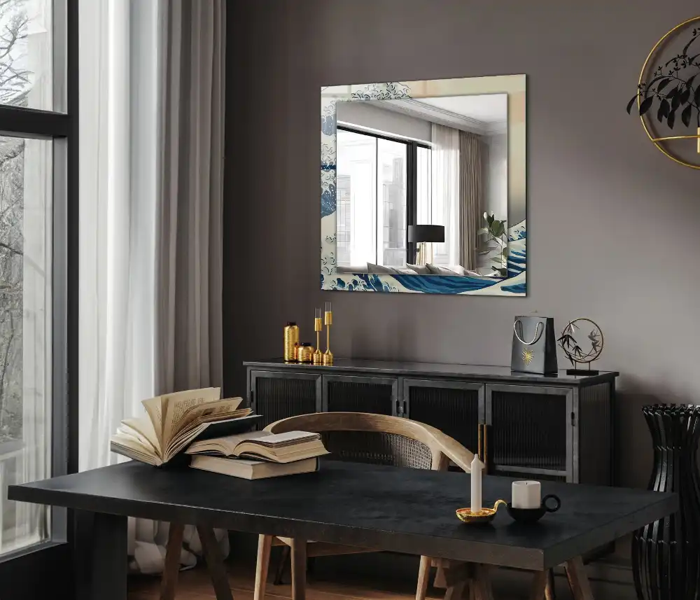 Pravokotne ogledalo s potiskanim okvirjem Veliki val pri Kanagawi